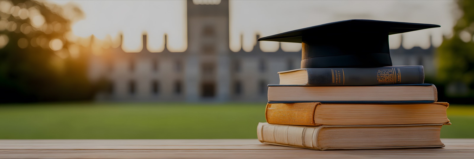Graduation cap on books in front of a university